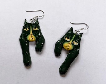 1980/90s Artisan Cat Earrings, Wooden Cat Earrings, Cat Earrings, Artisan Cat Earrings, Artisan Earrings