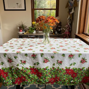 Queda de preço! Toalha de mesa vintage feita à mão com poinsétias e sinos, toalha de mesa retrô de Natal, toalha de mesa de poinsétias, Natal de meados do século,