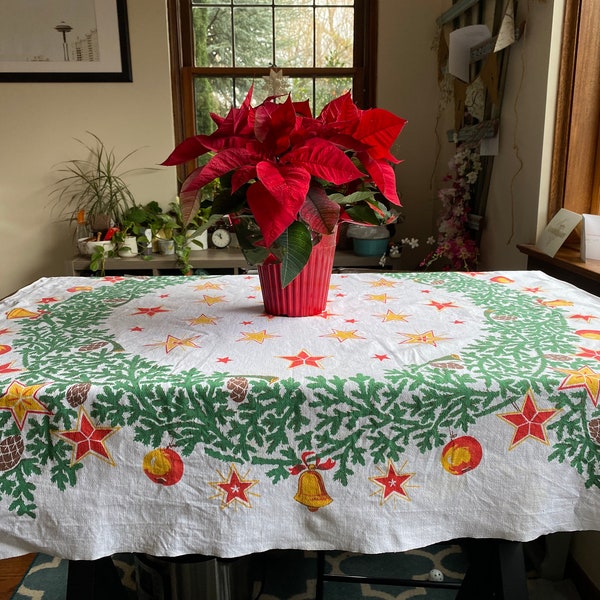 Vintage Scandinavian or German Christmas Pinecone Tablecloth, Retro Christmas Tablecloth, Scandinavian Tablecloth, Mid Century Christmas