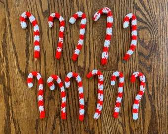 Price Drop! 11 Vintage Crochet Candy Cane Ornaments, Chenille Pipe Cleaner Candy Cane Ornaments, Candy Cane Ornaments, Crochet Candy Canes