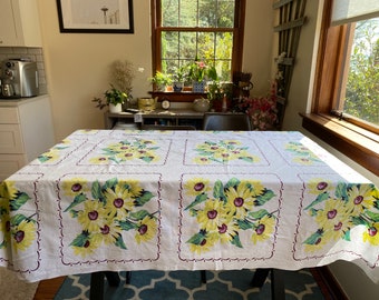 Vintage 1940/50s Sunflower Tablecloth, Vintage Sunflowers, Flower Tablecloth, 1940s Tablecloth, 1950s Tablecloth, Floral Tablecloth