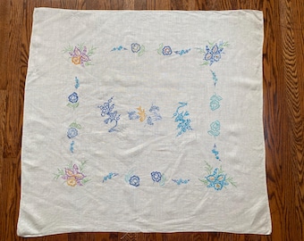 Vintage Bird and Flower Embroidered Tablecloth, Embroidered Tablecloth, Bird Tablecloth, Flower Tablecloth, Handmade Tablecloth
