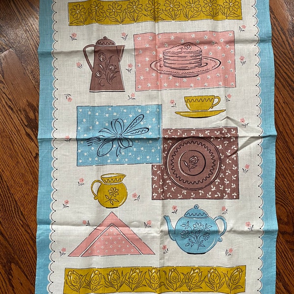 Price Drop! Mid Century Tea Time / Kitchen Irish Linen Tea Towel / Wall Hanging, Teapot Decor, Coffee Time, Vintage Tea Towel, Irish Linen,