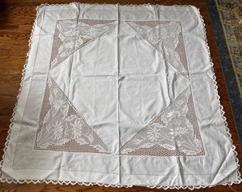Late 1800-1900s  French Crochet Linen Tablecloth, Irish Linen Tablecloth, Embroidered Tablecloth, Antique Tablecloth, Crochet Linen