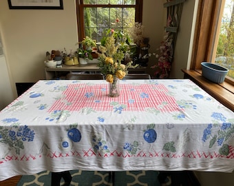 Vintage Mid Century Fruit + Flower Tablecloth, 1960s Tablecloth, Fruit Tablecloth, Kitsch Kitchen, MCM Kitchen, Cutter Cloth