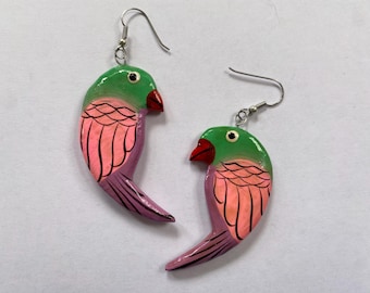 1980/90s Wooden Parakeet/Bird Earrings, Wooden Bird Earrings, BirdEarrings, Bohemian Earrings, Artisan Earrings, Parrot Earrings