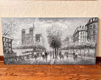 LEGGETE! Dipinto parigino vintage firmato da Burnett, dipinto ad olio originale, pittura francese, dipinto di Parigi, arte di Notre Dame, Caroline Burnett