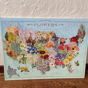 Può includere: Un puzzle rettangolare che raffigura una mappa degli Stati Uniti con il testo USA STATE FLOWERS. La mappa è riempita con illustrazioni colorate di vari fiori statali e farfalle, su uno sfondo di colore azzurro.