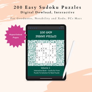 200 Easy Sudoku Digital Download Puzzles - iPad, Goodnotes, Digital Sudoku, Tablet Sudoku, Hyperlinked Tabs, Interactive, Hyperlinks