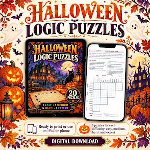 May include: A digital Halloween logic puzzle set displayed on a tablet and smartphone. The tablet shows a haunted house illustration with a black cat and pumpkins, while the phone displays a logic grid with clues. Text includes Halloween Logic Puzzles.