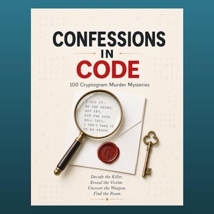 May include: A book cover titled Confessions in Code: 100 Cryptogram Murder Mysteries. It features a magnifying glass over a white envelope with a red wax seal and a brass key. The text reads: I did it. No one knows. Not yet. But the code will tell.