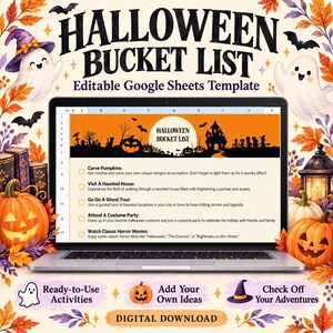 Puede incluir: Una pantalla de portátil que muestra una plantilla de Google Sheets de lista de deseos de Halloween. La interfaz presenta un encabezado naranja con siluetas de una casa encantada, calabazas y murciélagos, e incluye casillas de verificación.