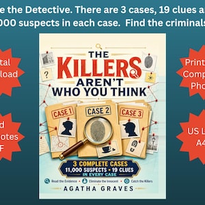 May include: A mystery game book titled The Killers Aren't Who You Think by Agatha Graves. The cover features three manila folders labelled Case 1, Case 2, and Case 3, a magnifying glass over a fingerprint, and various crime scene evidence photos.