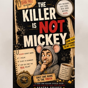 May include: A puzzle book cover titled The Killer Is Not Mickey by Agatha Graves. The design features a cartoon character in a mouse hoodie, a detective badge, a notepad with suspect lists, a magnifying glass, and a coffee mug with text.