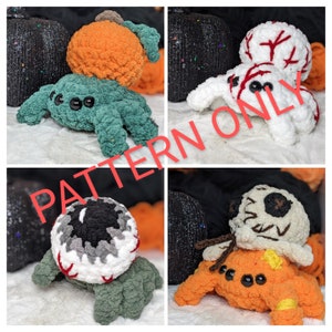 May include: Four crocheted amigurumi spider toys. One spider is wearing a pumpkin hat, another has a skull hat, and the other two have a single eye on their head. The text "PATTERN ONLY" is superimposed on the image.