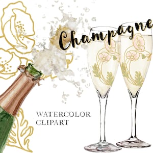 Puede incluir: Ilustración de acuarela de dos copas de champán con un diseño floral y una botella de champán con un chorro de burbujas. El texto "Champagne" está escrito en cursiva negra sobre las copas. El texto "WATERCOLOR CLIPART" está escrito debajo de las copas.