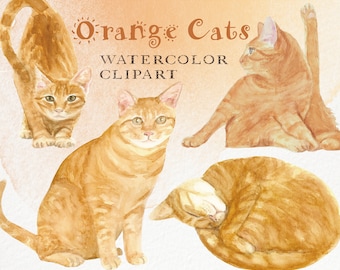 Orange Cats Hand-Painted Watercolor Clipart PNG Digital Download