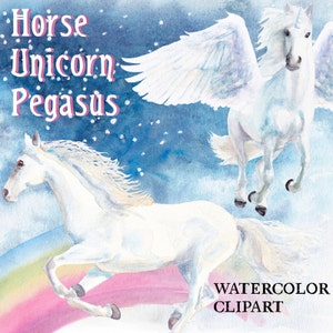 Horse Unicorn Pegasus Watercolor Clipart Digital Download