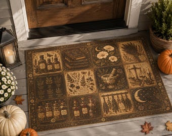 Tapis d'apothicaire pour Halloween, Décoration d'Halloween Cottagecore, Tapis botanique de sorcière, Tapis Dark Academia, Tapis vintage d'automne