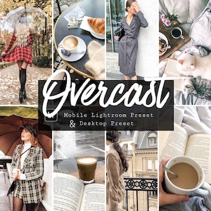 Pode incluir: Uma colagem de imagens que apresenta uma variedade de cenas, incluindo uma mulher caminhando na chuva, uma xícara de café em uma mesa, uma mulher com um casaco cinza, um gato dormindo em uma cama, um livro em uma mesa e uma xícara de café em uma varanda. O texto "Overcast Mobile Lightroom Preset & Desktop Preset" é exibido no centro da imagem.