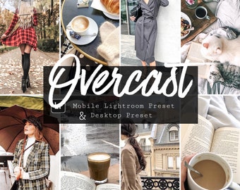 May include: A collage of images featuring a variety of scenes, including a woman walking in the rain, a cup of coffee on a table, a woman in a gray coat, a cat sleeping on a bed, a book on a table, and a cup of coffee on a balcony. The text "Overcast Mobile Lightroom Preset & Desktop Preset" is displayed in the center of the image.