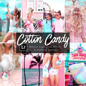 Könnte beinhalten: Eine Collage aus Bildern mit einem rosa und blauen Farbschema. Die Bilder zeigen eine Frau in einem weißen Oberteil und einem Jeansrock, eine Frau, die ein rosa Fahrrad fährt, zwei Frauen, die Zuckerwatte halten, eine Frau mit rosa Haaren, einen Zuckerwattestand und eine Strandszene mit Palmen.