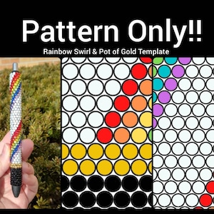May include: A rainbow swirl and pot of gold template for a craft project. The template features a pattern of circles in various colors, including black, white, red, orange, yellow, green, blue, and purple.
