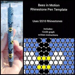 May include: A rhinestone pen template with a bee design. The template includes a 12x50 graph and written instructions. The pen is decorated with blue, black, white, and yellow rhinestones.