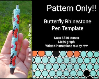 Puede incluir: Un patrón para una plantilla de bolígrafo de mariposa con diamantes de imitación. El patrón utiliza piedras SS10 y es un gráfico de 13x50. El patrón incluye instrucciones escritas fila por fila.