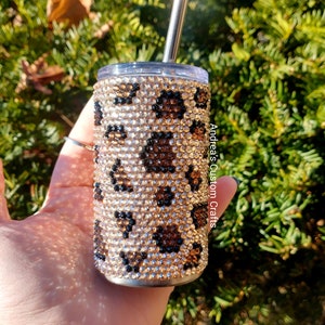 Mini 3 oz Leopard Print Glass Rhinestone Tumbler, Shot Glass, Espresso Shot, Cheetah Print, Stainless Steel Tumbler, Keychain, Small Tumbler