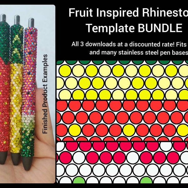 Fruit Inspired Rhinestone Template Bundle, Pineapple, Strawberry, Watermelon, SS10, Instructions, Color Chart, Inkjoy, Stainless Steel Pens