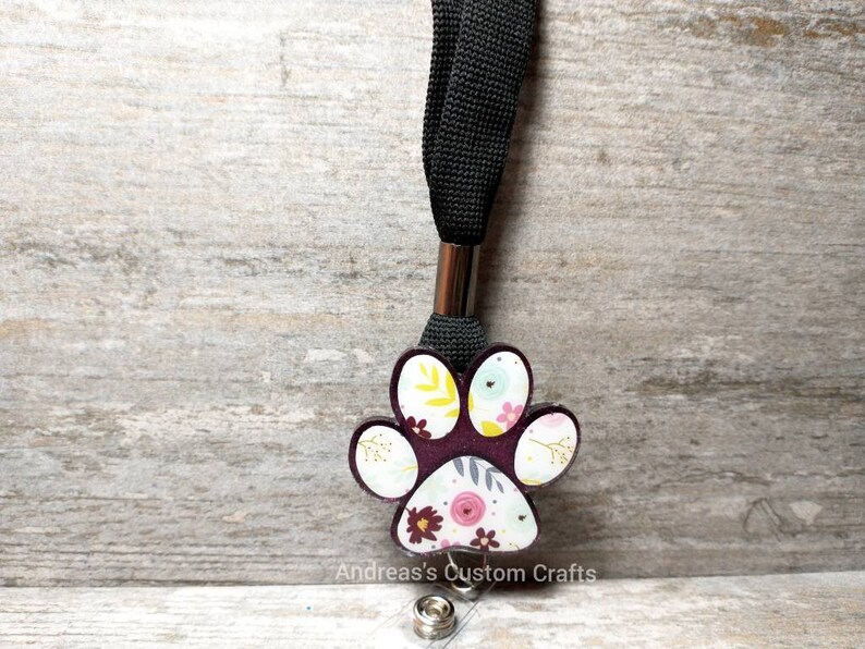 Lanyard Topper Teacher Cat Vet Nurse Dog Interchangeable Badge Reel Purple Floral Paw Print Badge Reel Swivel Alligator Clip