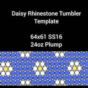 May include: A template for a 24 ounce tumbler with a daisy design. The template is 64 by 61 stitches and is for a size 16 needle. The template shows a pattern of blue, white, and yellow circles.