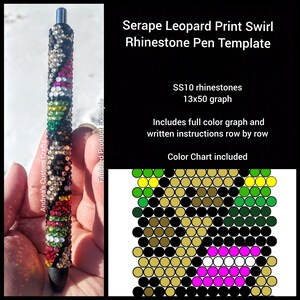 May include: A rhinestone pen template featuring a colourful swirl design. The template includes a 13x50 graph, full colour graph, and written instructions row by row. SS10 rhinestones are used in the design. Colour chart included.