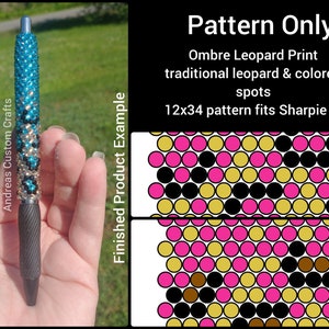 12x34 Ombre Leopard Print Rhinestone Template, SS10 Rhinestone Template, Instructions, Color Chart, Traditional, Colored, Grip Pen Pattern