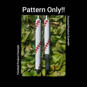 May include: Two white pens with red and white baseball-themed designs. The pens are decorated with rhinestones and are lying on a bed of green leaves. The text "Pattern Only!" is at the top of the image. The text "Finished Product Example" is on the right side of the image.