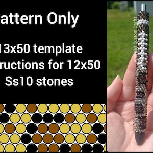 Pode incluir: Um padrão para uma caneta de contas, usando um modelo de 13x50 e instruções para 12x50 pedras SS10. O padrão mostra um desenho repetitivo de círculos marrons, pretos e dourados.