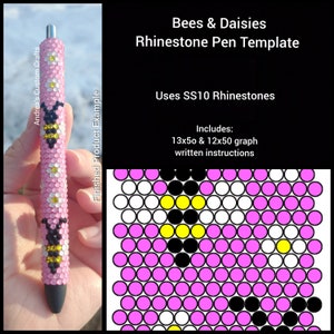 May include: A pink pen with a bee and daisy design made with rhinestones. The pen is decorated with white daisies, yellow and black bees, and pink and white rhinestones. The pen is 13x50 and 12x50 graph and includes written instructions.