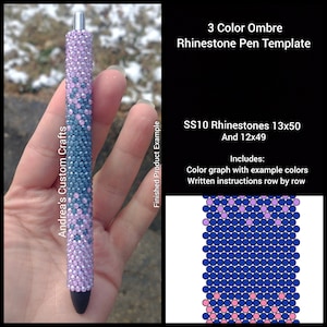 May include: A pen template for creating an ombre rhinestone pen. The template includes a color graph with example colors and written instructions row by row. The pen is decorated with pink, blue, and light blue rhinestones.
