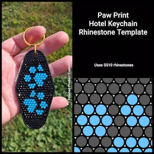 May include: Black hotel keychain with a gold ring, featuring a paw print design made of blue rhinestones. The text on the image reads "Paw Print Hotel Keychain Rhinestone Template".