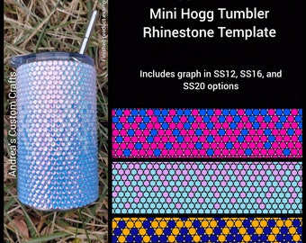 May include: A two-color ombre rhinestone template for a mini Hogg tumbler. The template includes three different graph options for SS12, SS16, and SS20 sizes. The template features a pink and blue ombre design, a light blue and lavender ombre design, and a blue and yellow ombre design.