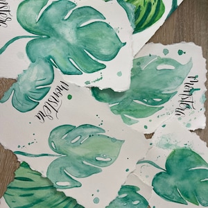 Monstera Leaves Watercolor Painting on handmade deckle edged paper. Summer decor, boho, Home decor, summer, spring, typography, Calligraphy