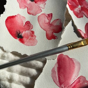 Poppies! Watercolor Painting on handmade deckle edged paper. Aprox. 8x5&quot;. Home decor, red poppy flowers, Christmas, paintings