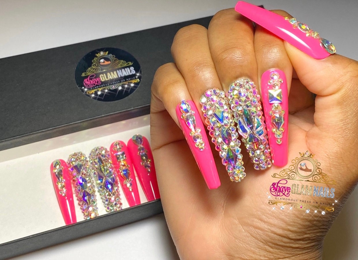 Pink Rhinestone Press on Nails Sheer Pink Jelly Nails With Diamond 