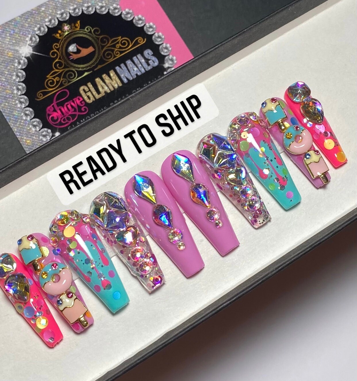 Handmade Pink Bling Glitter Cute Press on Nails Bear Rhinestone Nails  Lolita Nails Fake Nails False Nails Coffin 