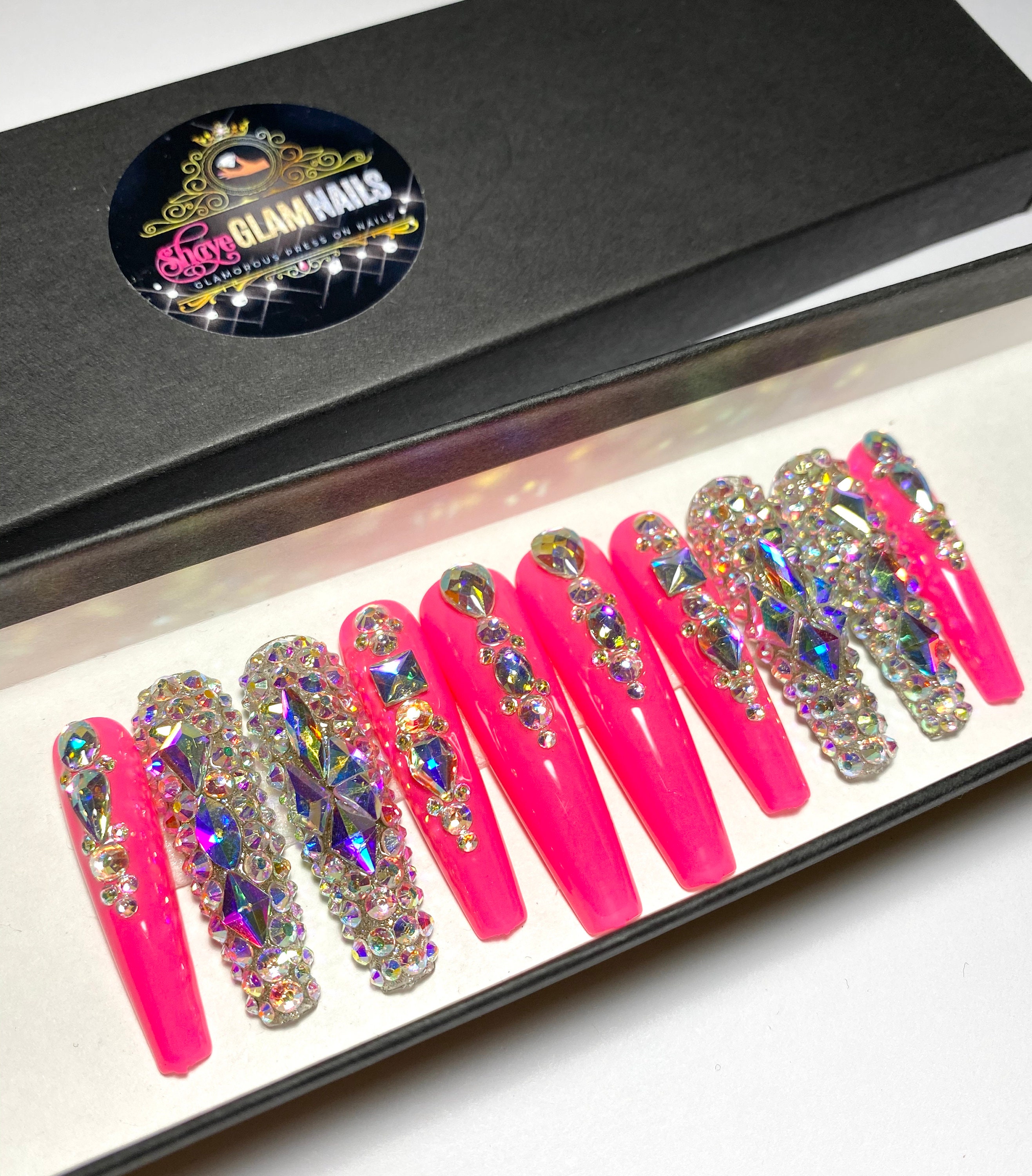 Pink Diamond Press On Nails Bling Fake Nails False Nails | Etsy