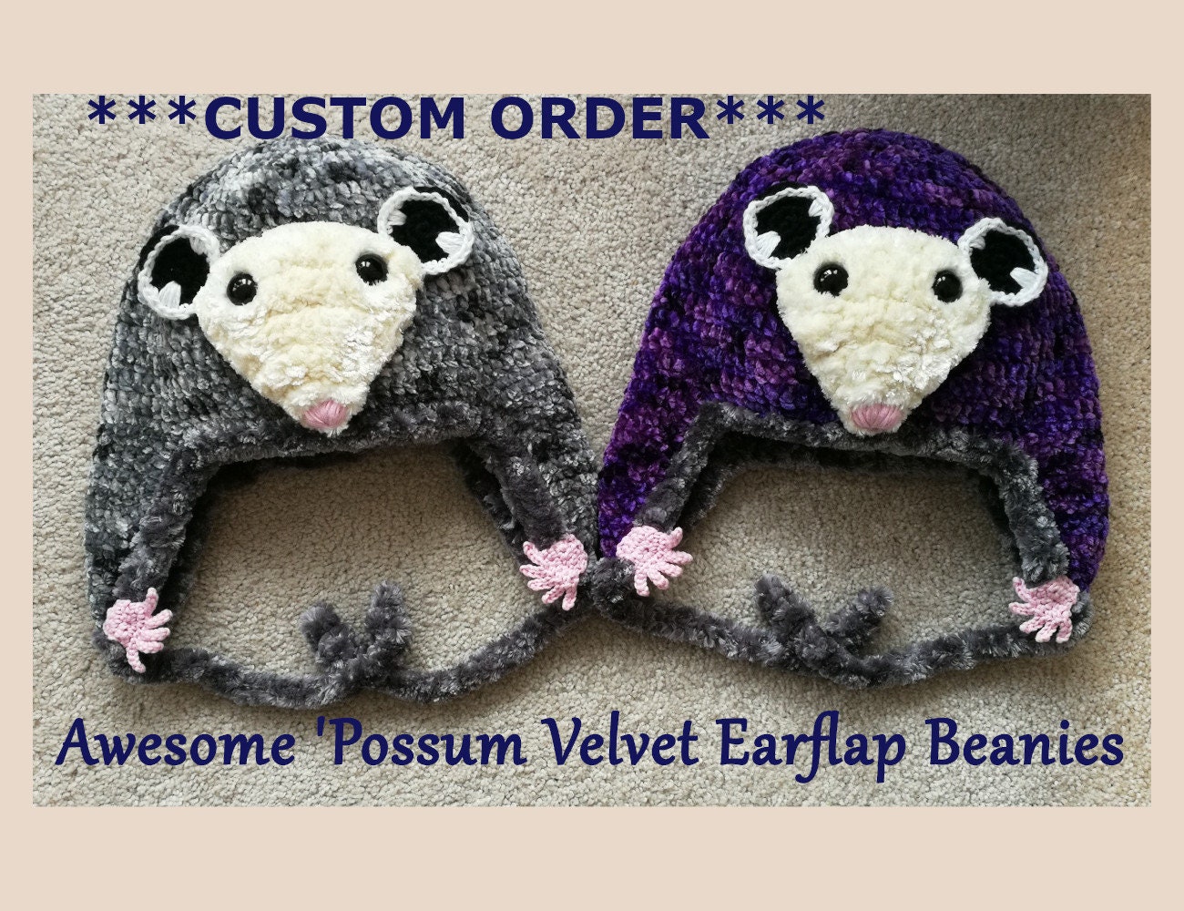Awesome 'possum Velvet Earflap Beanie - Super Soft Awesome 'possum Velvet Earflap Beanie - Super Soft