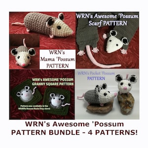 Może przedstawiać: Pakiet wzorów do pobrania cyfrowo do szydełkowania czterech różnych zabawek amigurumi w kształcie oposa. Pakiet zawiera wzory na szalik, kwadrat babci, mamę oposa i oposa kieszonkowego.