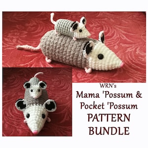 Puede incluir: Un paquete de patrones de crochet para hacer una mamá opossum y un opossum de bolsillo. El patrón incluye instrucciones para hacer dos opossums de crochet, uno más grande que el otro. Los opossums son grises y blancos con ojos negros y narices rosas.