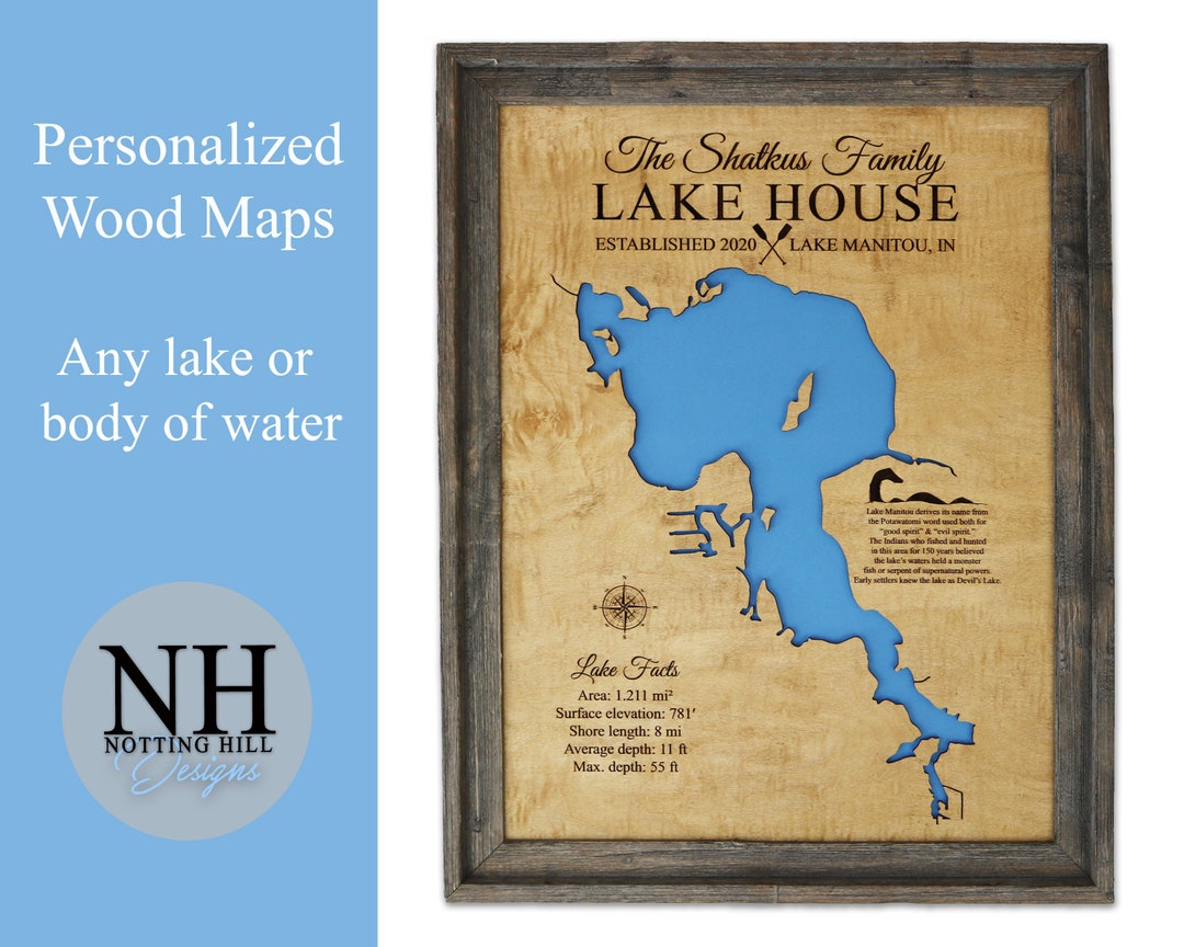 Lake Manitou Indiana Map lake House Decor, Personalized, Sign, Custom